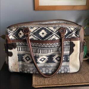 Myra Bag Black & Cream Aztec Pattern Shoulder Tote with Leather Trim